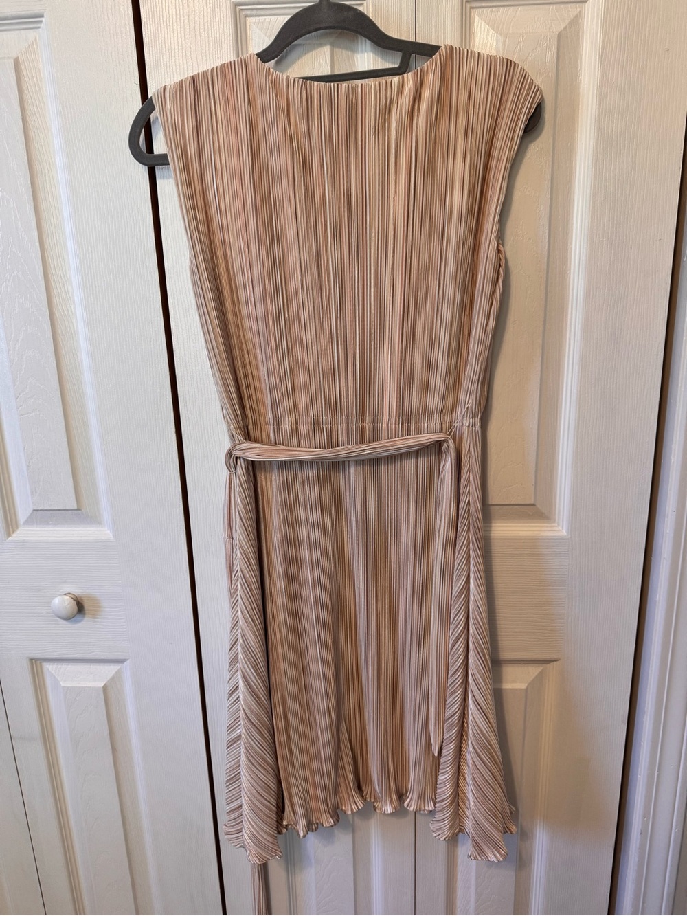 DKNY NWT Beige Taupe Pleated Midi Dress Removable Waist Tie 2 Small flaws Size 4 - Picture 8 of 16